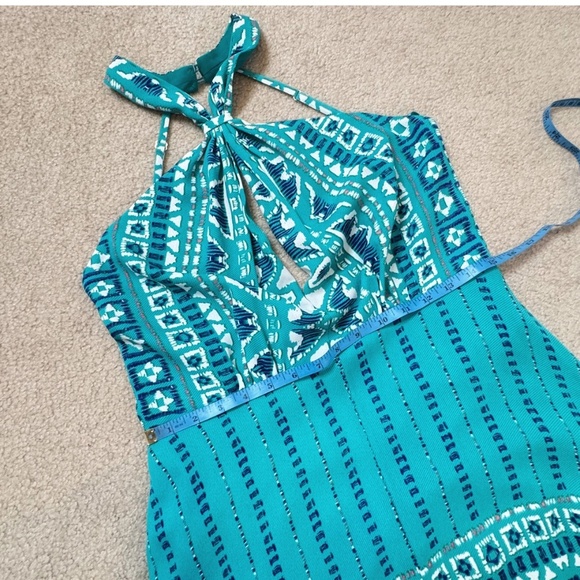 BCBG MAXAZRIA Dress Occasion Open Back Halter Top Handkerchief Hem Blue Print - Picture 10 of 16